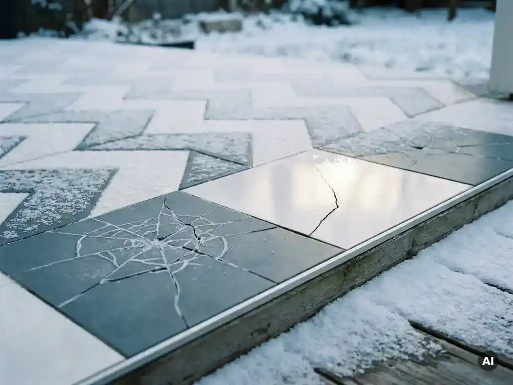 Bevroren keramische buitentegels met vorstschade en lichte sneeuwlaag, geometrisch patroon in leisteengrijs en wit winterlicht.